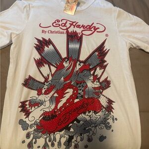 Ed Hardy White Tee with Red and Gray Dragon Design